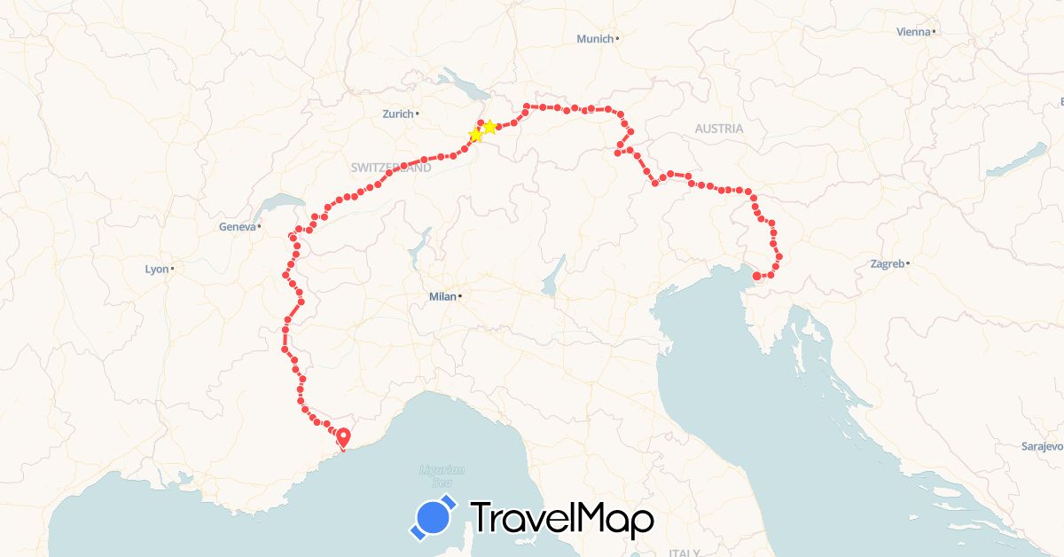 TravelMap itinerary: driving, hiking in Austria, Switzerland, Germany, France, Italy, Liechtenstein, Slovenia (Europe)